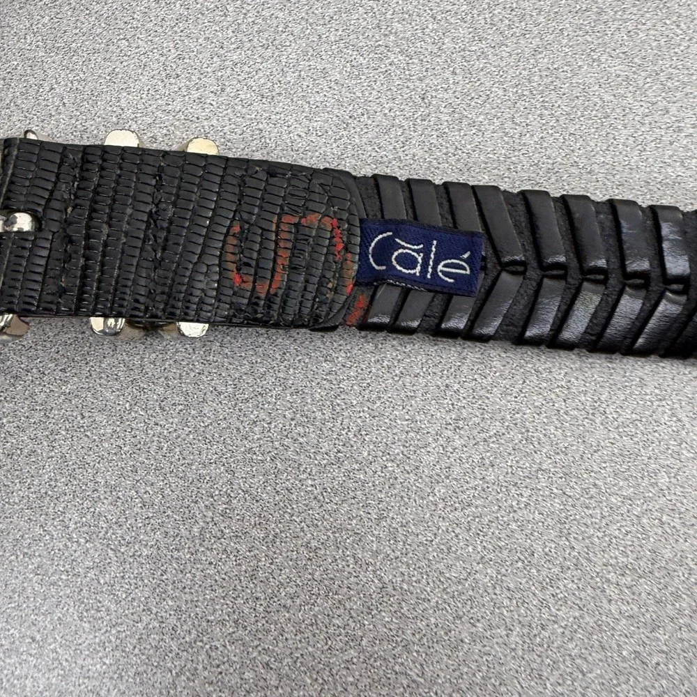 Calé Belt Mens OS Black Woven Leather Made in Spain Lizard Embossed Silver 1.25